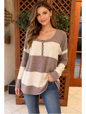 Free People Beach Striped Oversized Henley Top Boho Cozy Medium